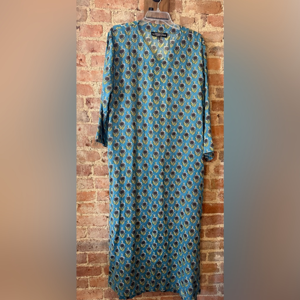 Garam Masala Caftan Blue V-Neck Long Sleeve Casual Dress Size M 100% Viscose
